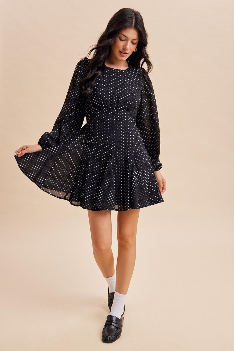 Long Sleeve Polka Dot Print Mini Dress Black