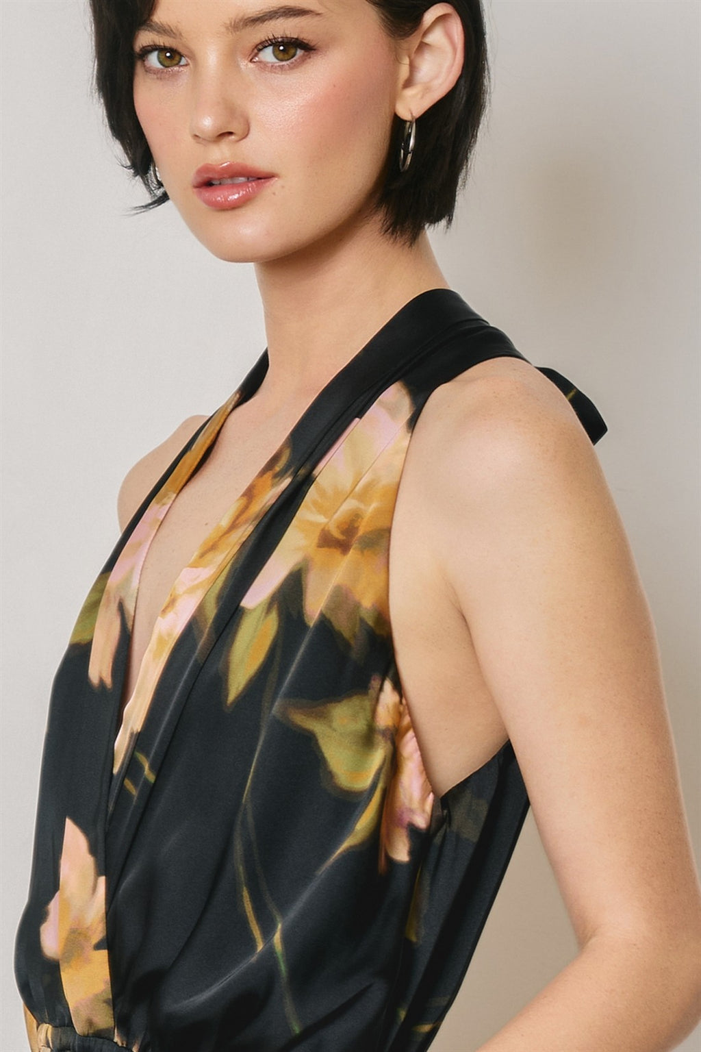 Sleeveless Halter Fresh Floral Print Wide Leg Jumpsuit Black