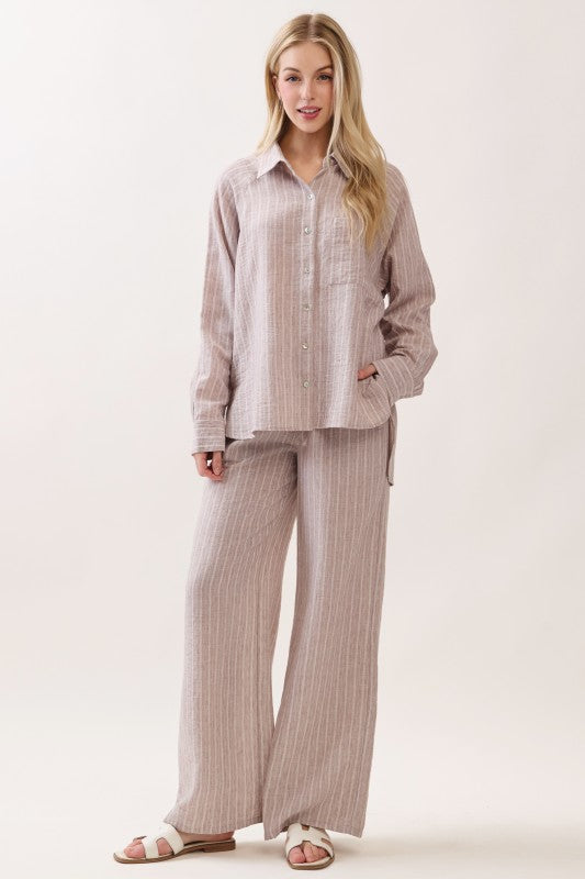 Long Sleeve Button Down Stripe Print Top Mocha