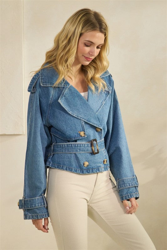 Long Sleeve Belted Crop Denim Jacket Medium Wash