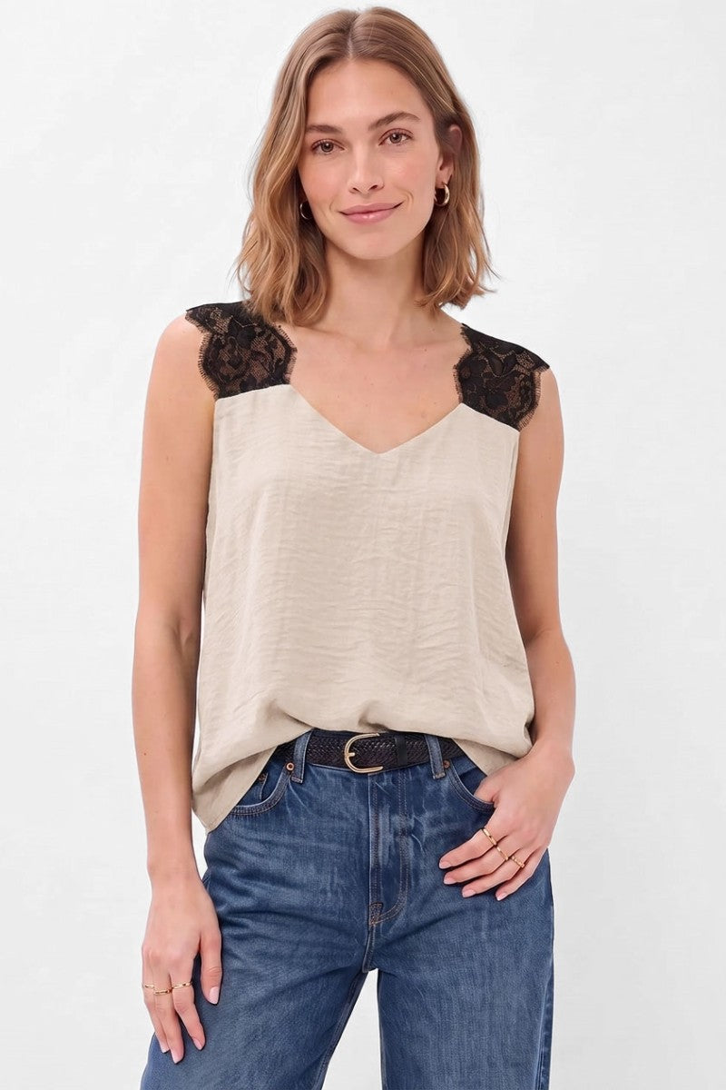 Sleeveless Lace Strap Satin Top Taupe