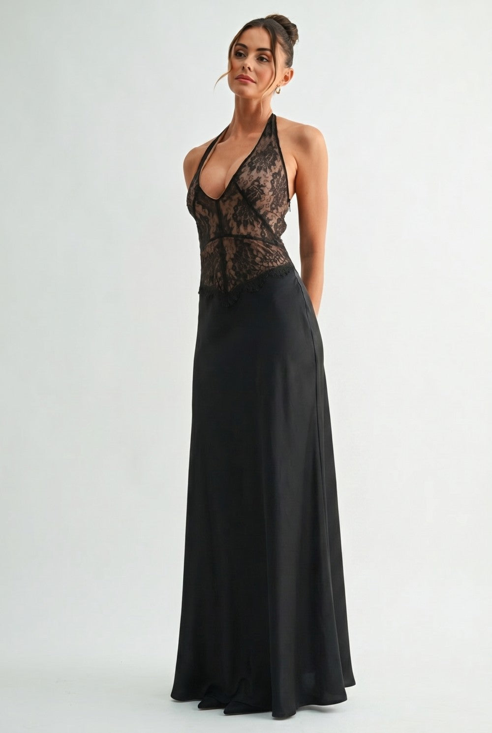 Sleeveless Halter Lace And Satin Maxi Dress Black
