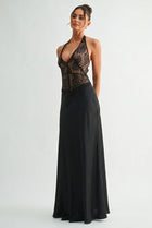 Sleeveless Halter Lace And Satin Maxi Dress Black