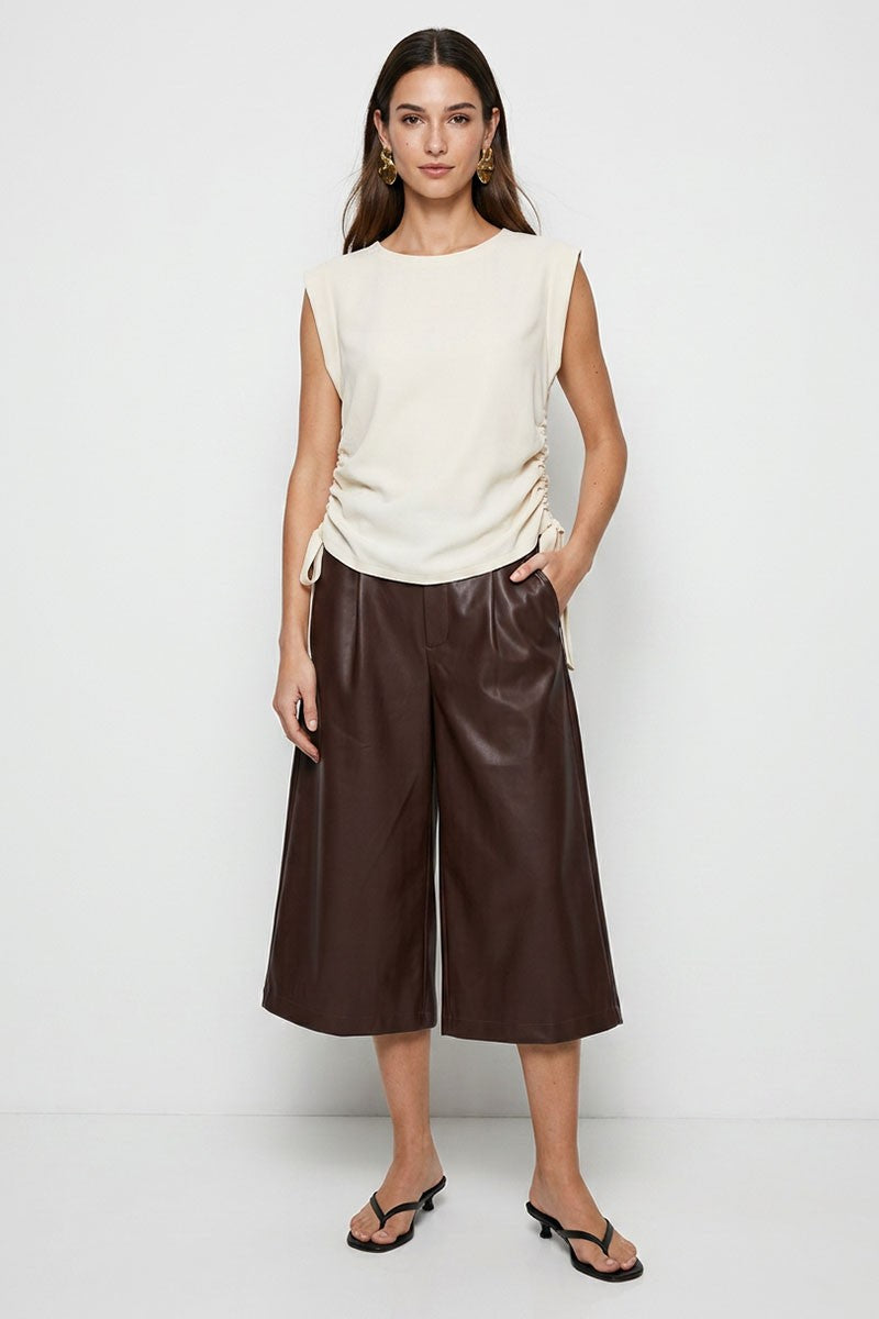  Short Cap Sleeve Side Drawstring Tie Top Cream