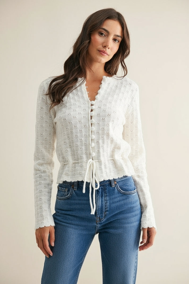 Long Sleeve Button Down Eyelet Knit Top Cream