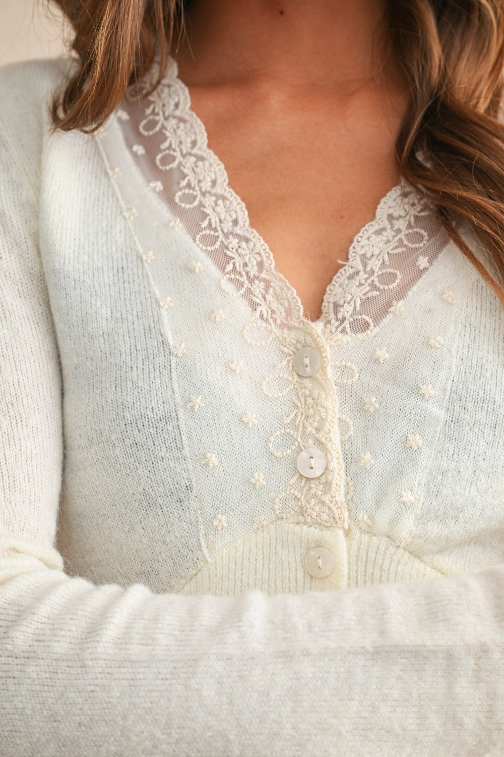  Long Sleeve Button Down Contrast Lace Knit Top Cream