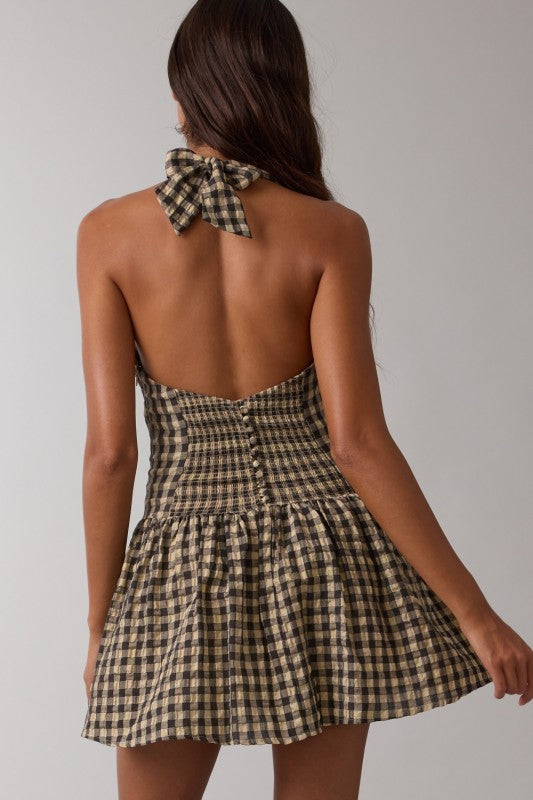 Sleeveless Halter Checkered Print Mini Dress Natural