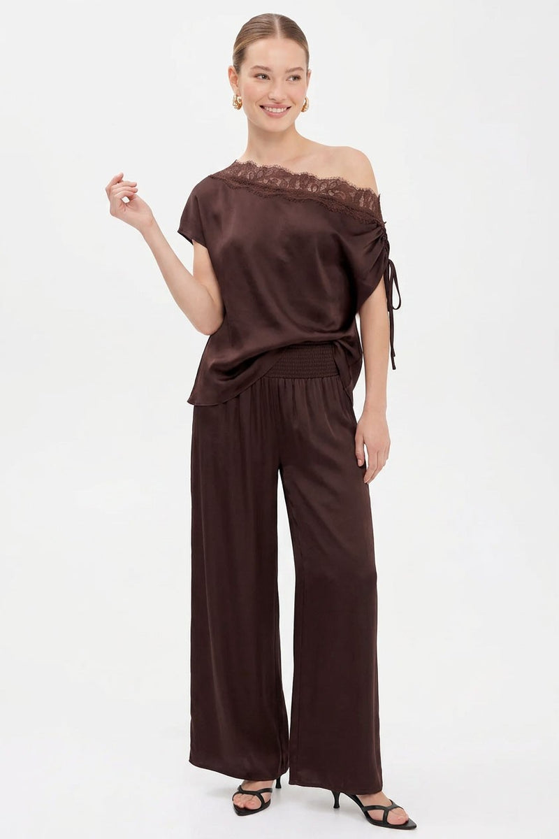 Off The Shoulder Stylish Satin And Lace Top Brown