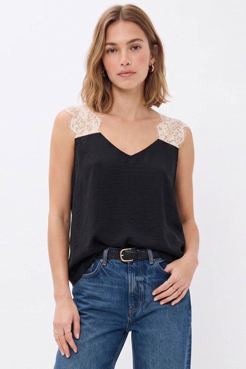 Sleeveless Lace Strap Satin Top Black