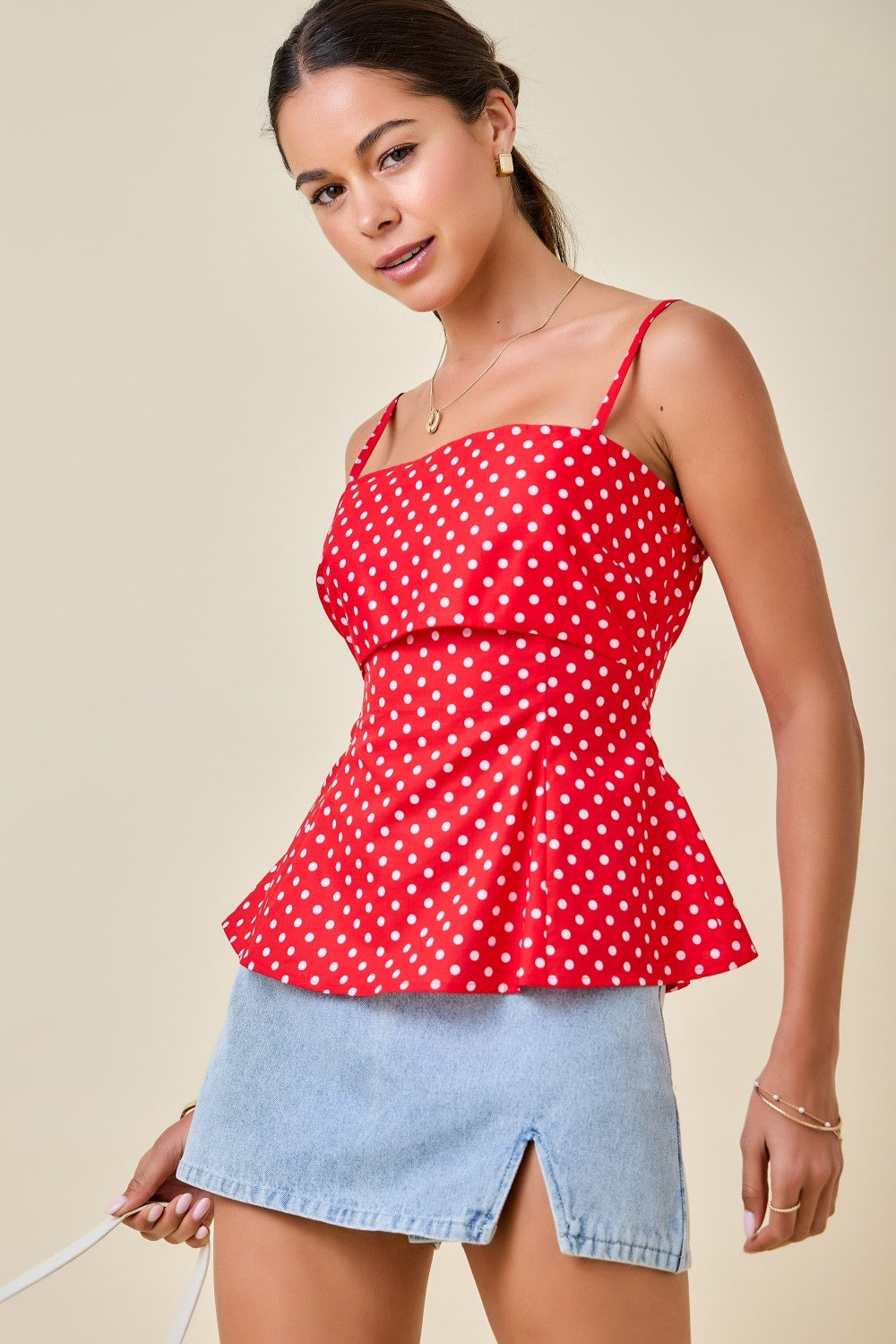 Sleeveless Polka Dot Print Peplum Top Blue Red