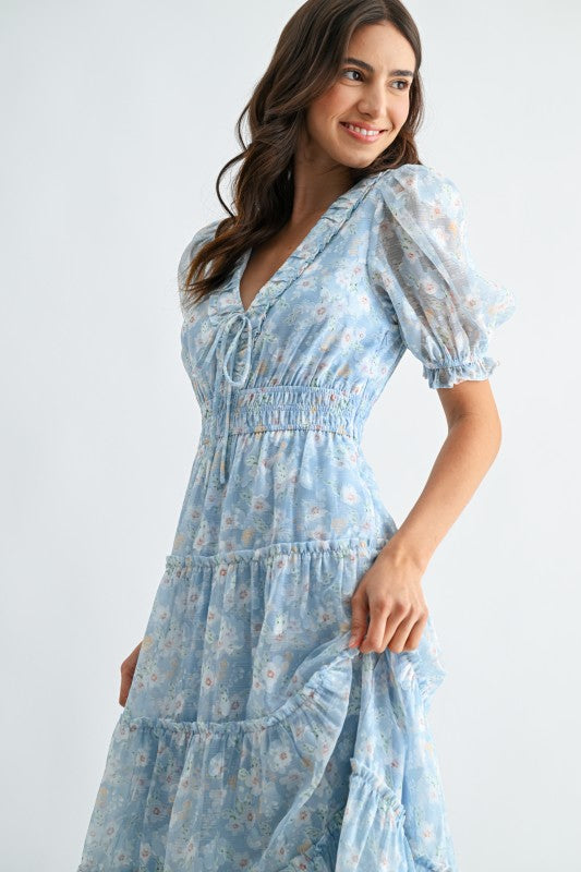 Short Puff Sleeve Floral Print Tiered Maxi Dress Blue