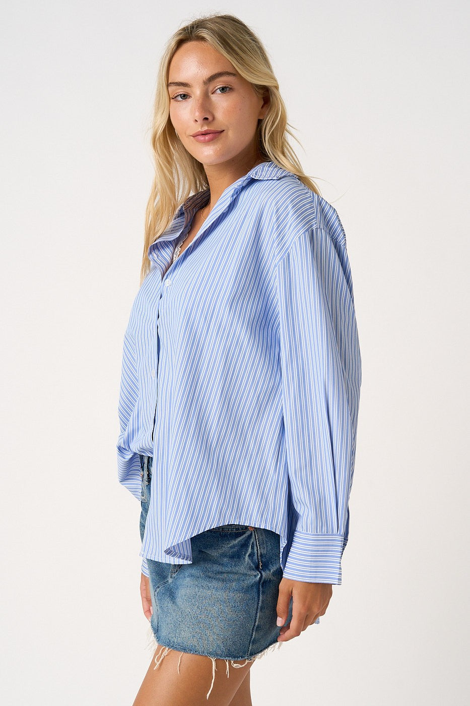 Long Sleeve Button Down Stripe Print Top Blue