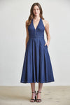Sleeveless Halter Contrast Stitch Denim Midi Dress Dark Wash