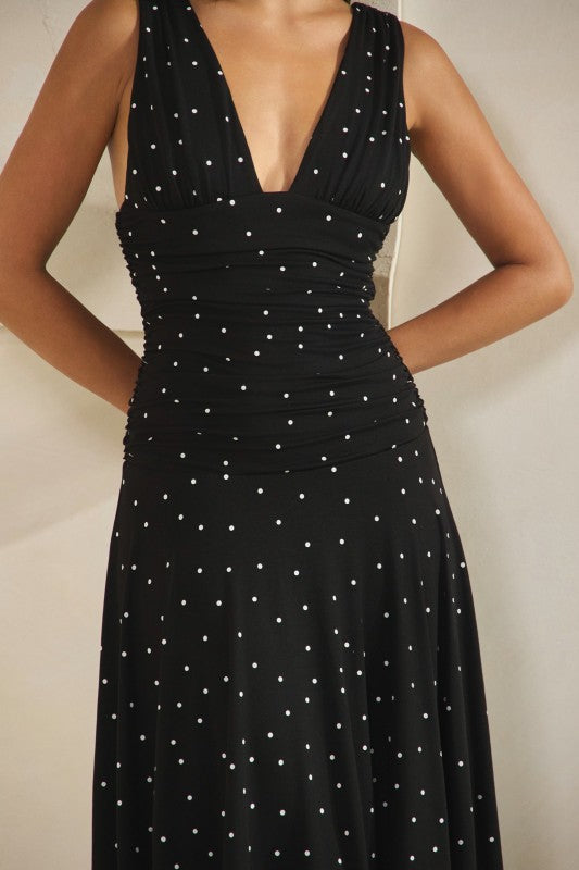 Sleeveless Asymmetrical Polka Dot Print Midi Dress Black