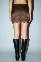 High Waist Lace Trim Satin Mini Skirt Mocha
