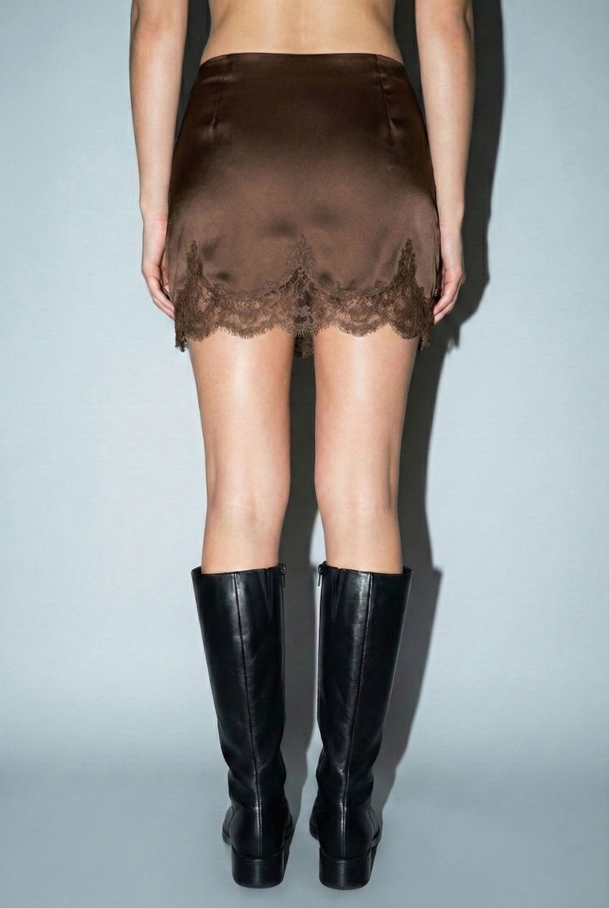 High Waist Lace Trim Satin Mini Skirt Mocha