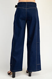 High Waist Belted Wide Leg Denim Pants Dark Wash