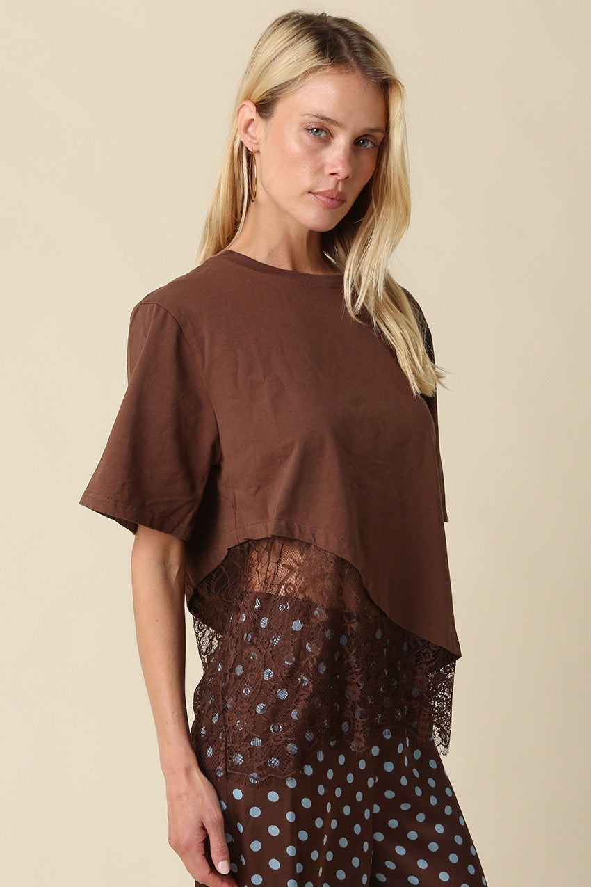 Short Sleeve Asymmetrical Lace Top Brown