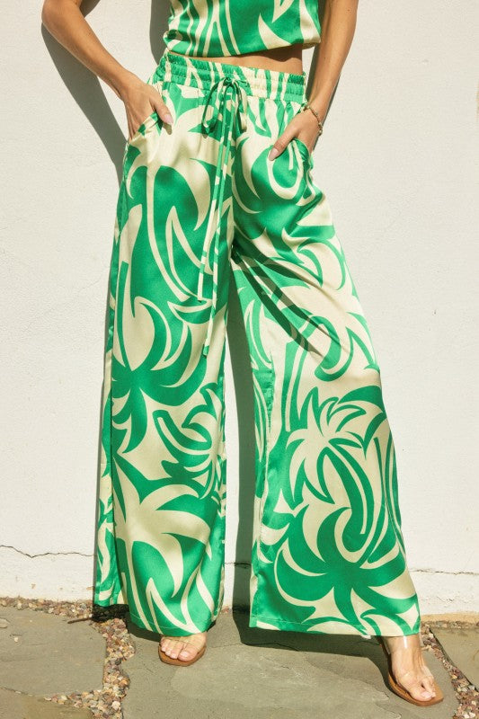 High Waist Wide Leg Tropical Print Pants Green