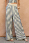 Knit Waist Wide Leg Stripe Print Pants Blue