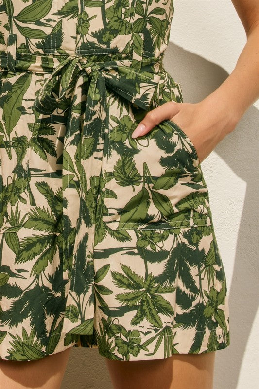 Sleeveless Button Down Waist Tie Tropical Print Romper Green