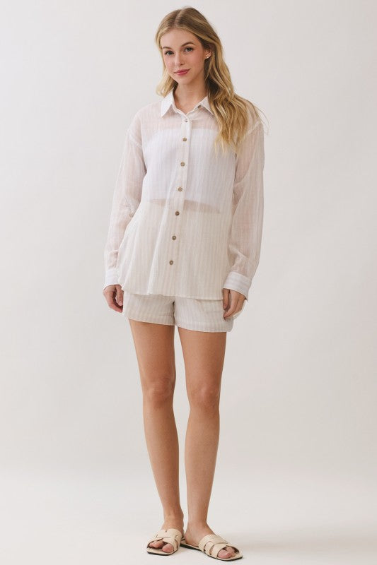 Long Sleeve Button Down Stripe Print Top White