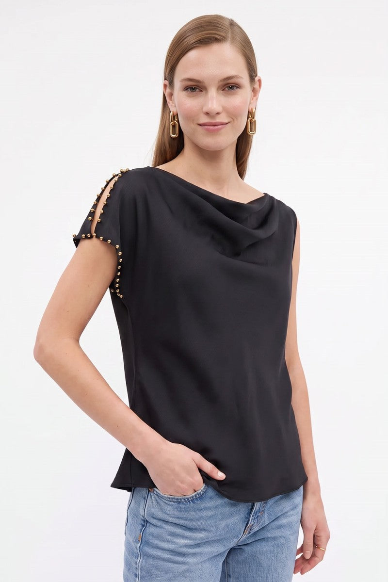 Short Studded Split Sleeve Satin Top Black