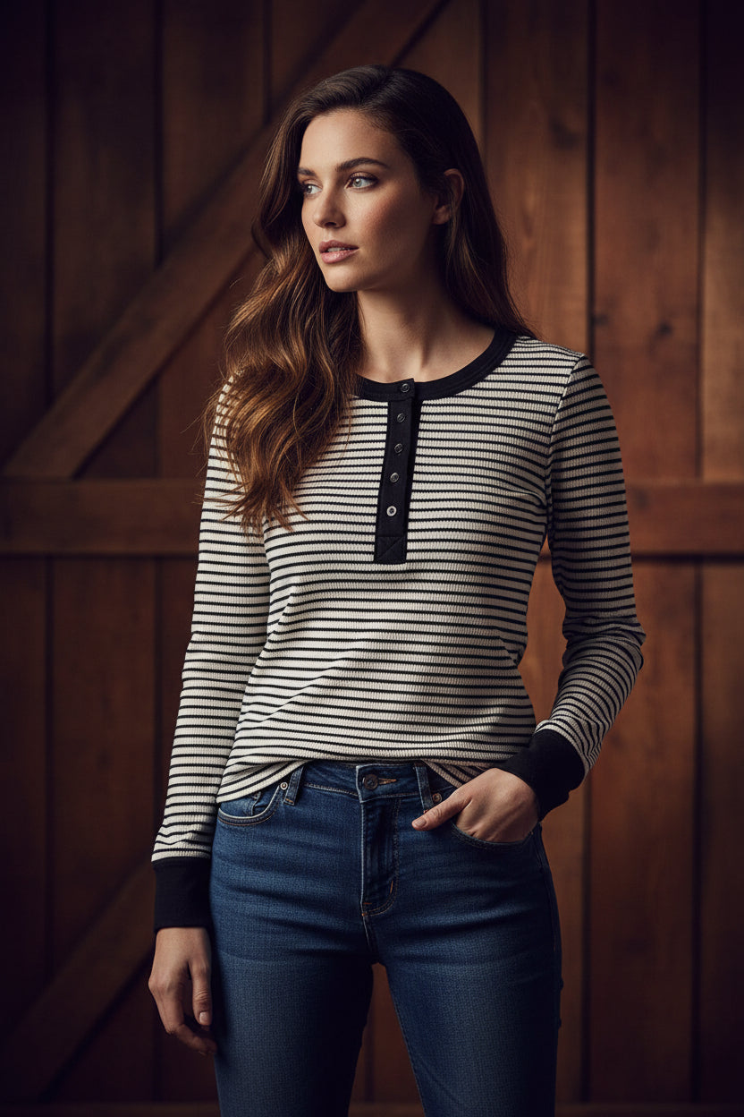 Long Sleeve Ribbed Stripe Print Top Black