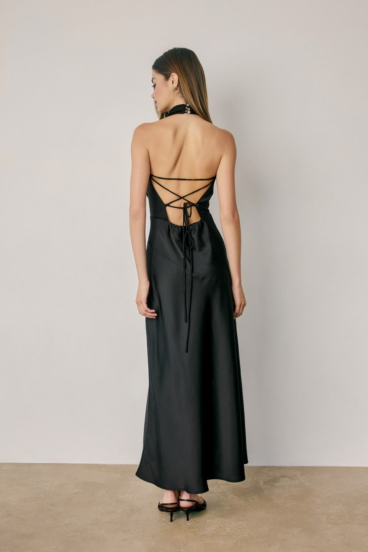 Sleeveless Halter Open Back Satin Maxi Dress Black