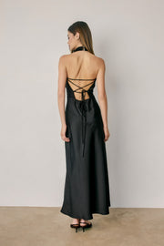 Sleeveless Halter Open Back Satin Maxi Dress Black