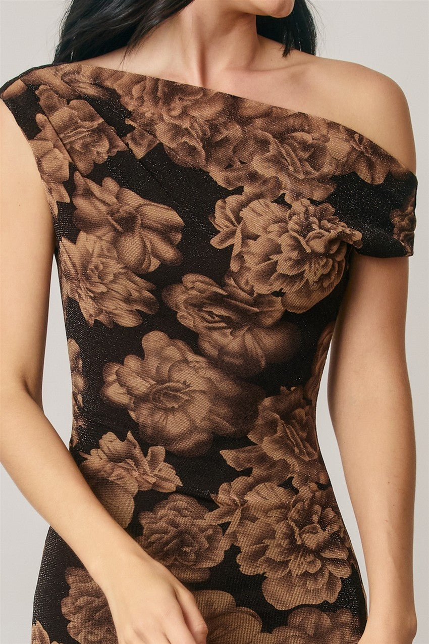 One Shoulder Botanical Beauty Floral Print Maxi Dress Black