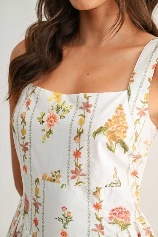 Sleeveless A-Line Floral Print Midi Dress White