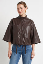 Long Sleeve Zip Up Drawstring Faux Leather Jacket Brown