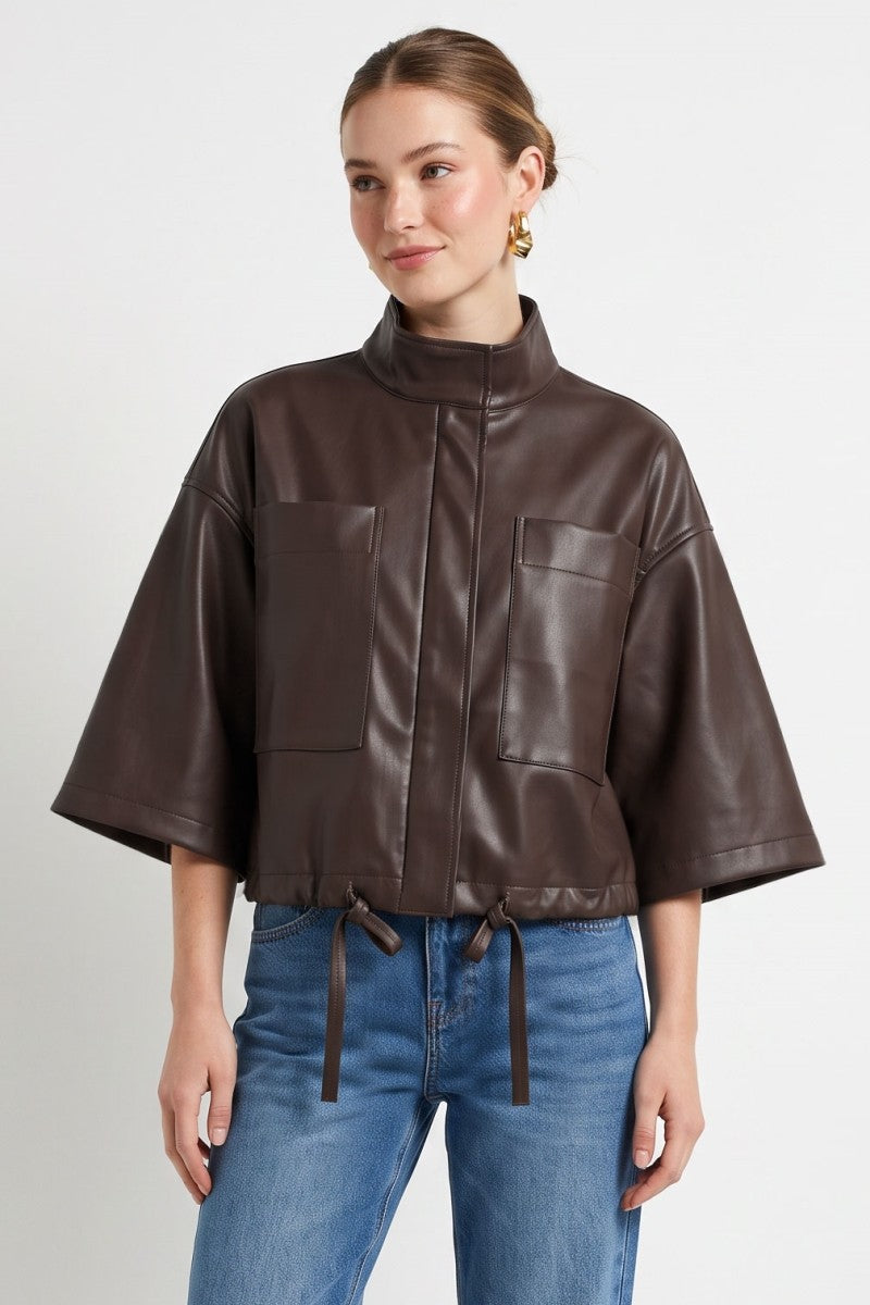Long Sleeve Zip Up Drawstring Faux Leather Jacket Brown