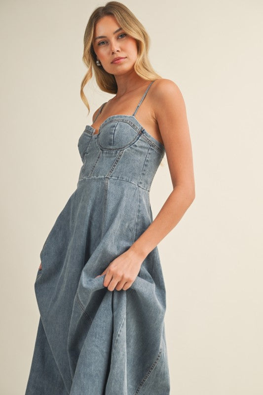Stassi Sleeveless Corset Denim Midi Dress Medium Wash – Miss Match Group  Inc