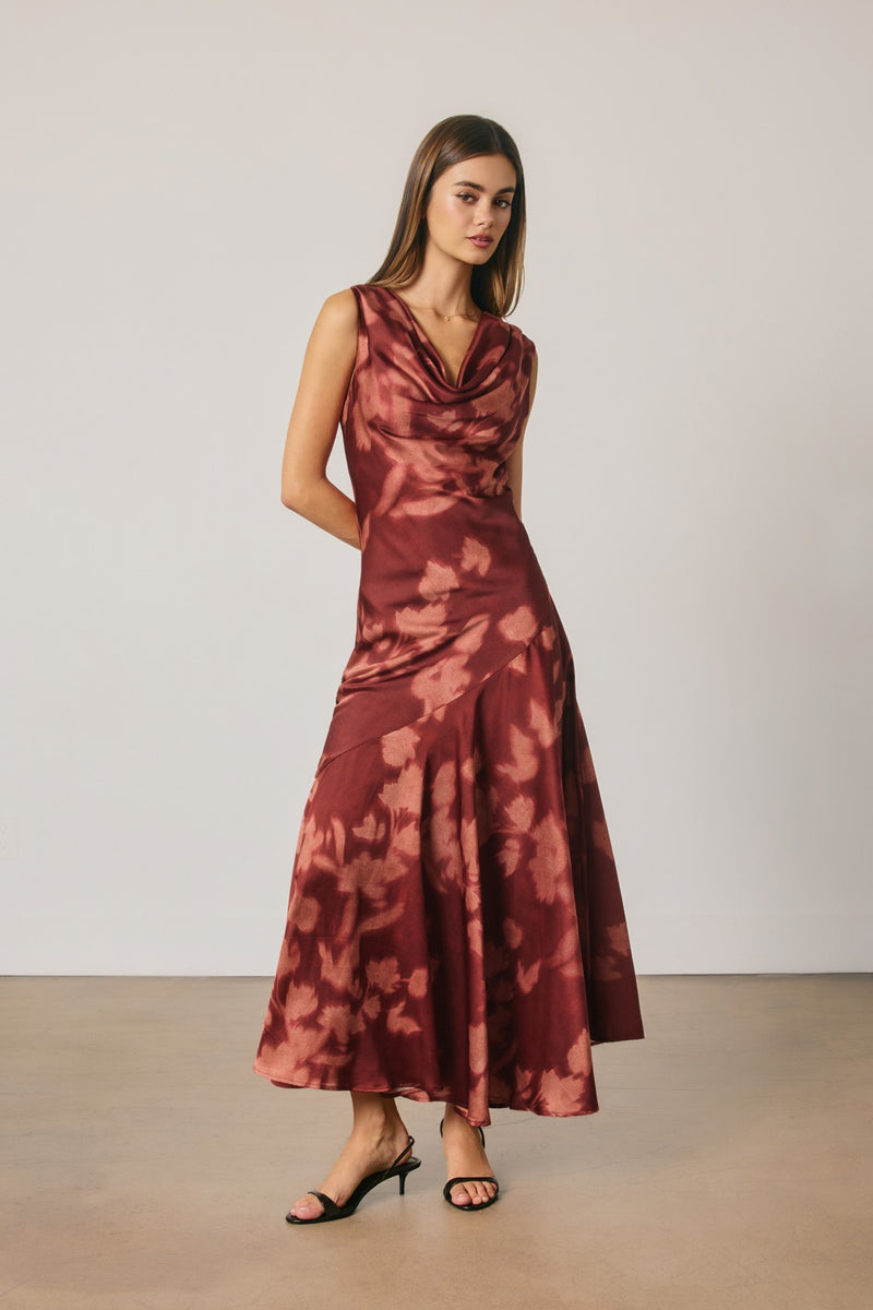 Sleeveless Asymmetrical Floral Print Maxi Dress Red