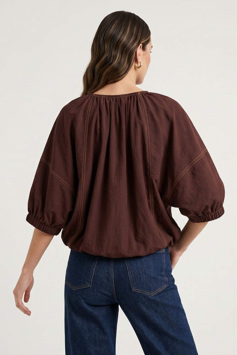 3/4 Dolman Sleeve Drawstring Contrast Top Brown