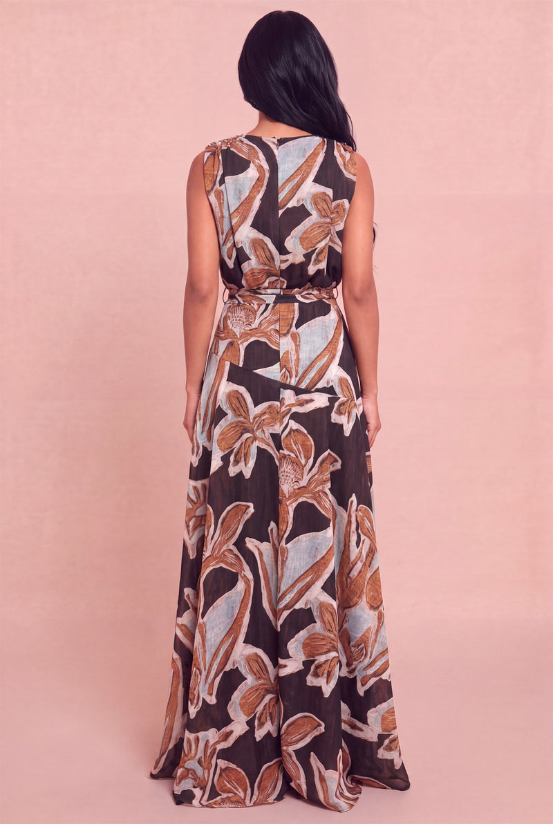 Sleeveless Waist Tie Abstract Print Maxi Dress Brown