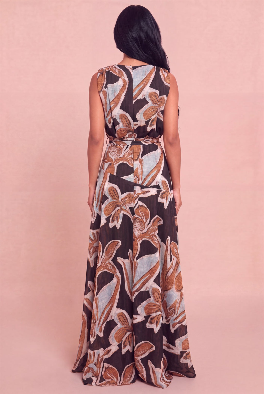 Sleeveless Waist Tie Abstract Print Maxi Dress Brown