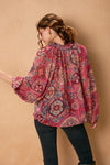 Long Sleeve Button Down Paisley Print Top Fuchsia