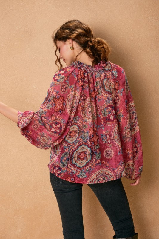 Long Sleeve Button Down Paisley Print Top Fuchsia