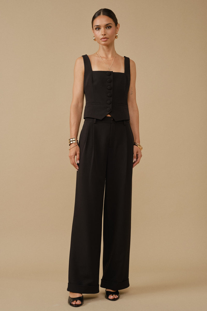 Sleeveless Button Down Tailored Vest Top Black