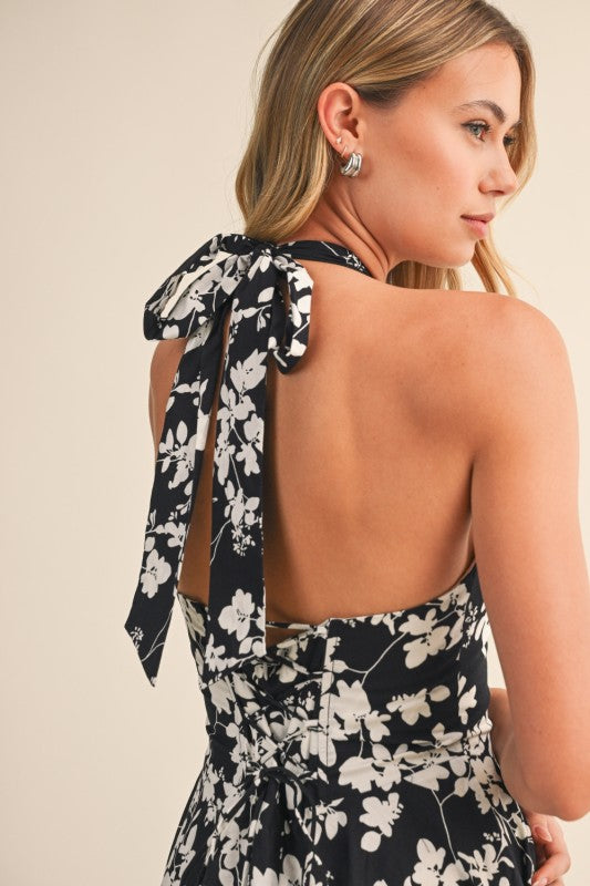 Sleeveless Halter Floral Print Midi Dress Blue Black