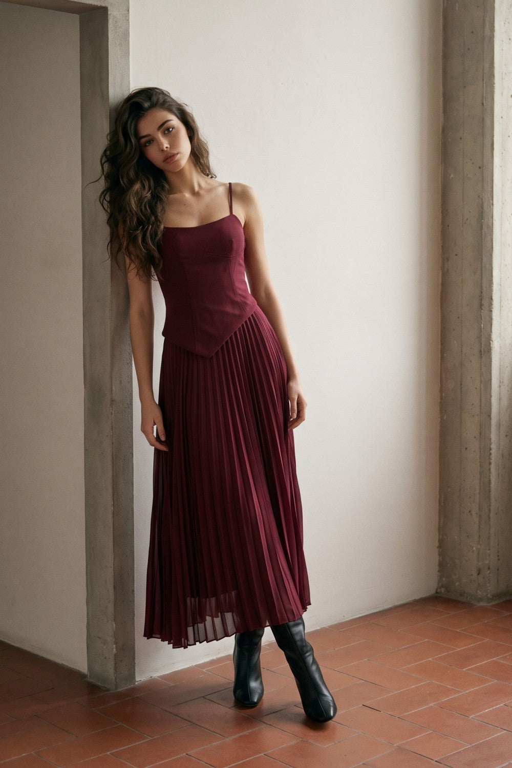  Sleeveless Pleated Midi Dress Burgundy