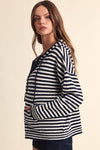 Long Sleeve Zip Up Stripe Print Knit Hoodie Sweater Navy