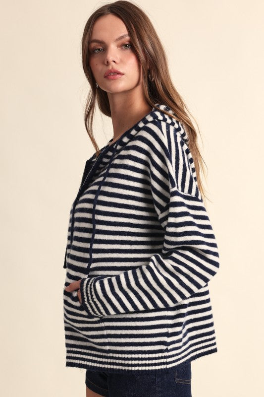 Long Sleeve Zip Up Stripe Print Knit Hoodie Sweater Navy