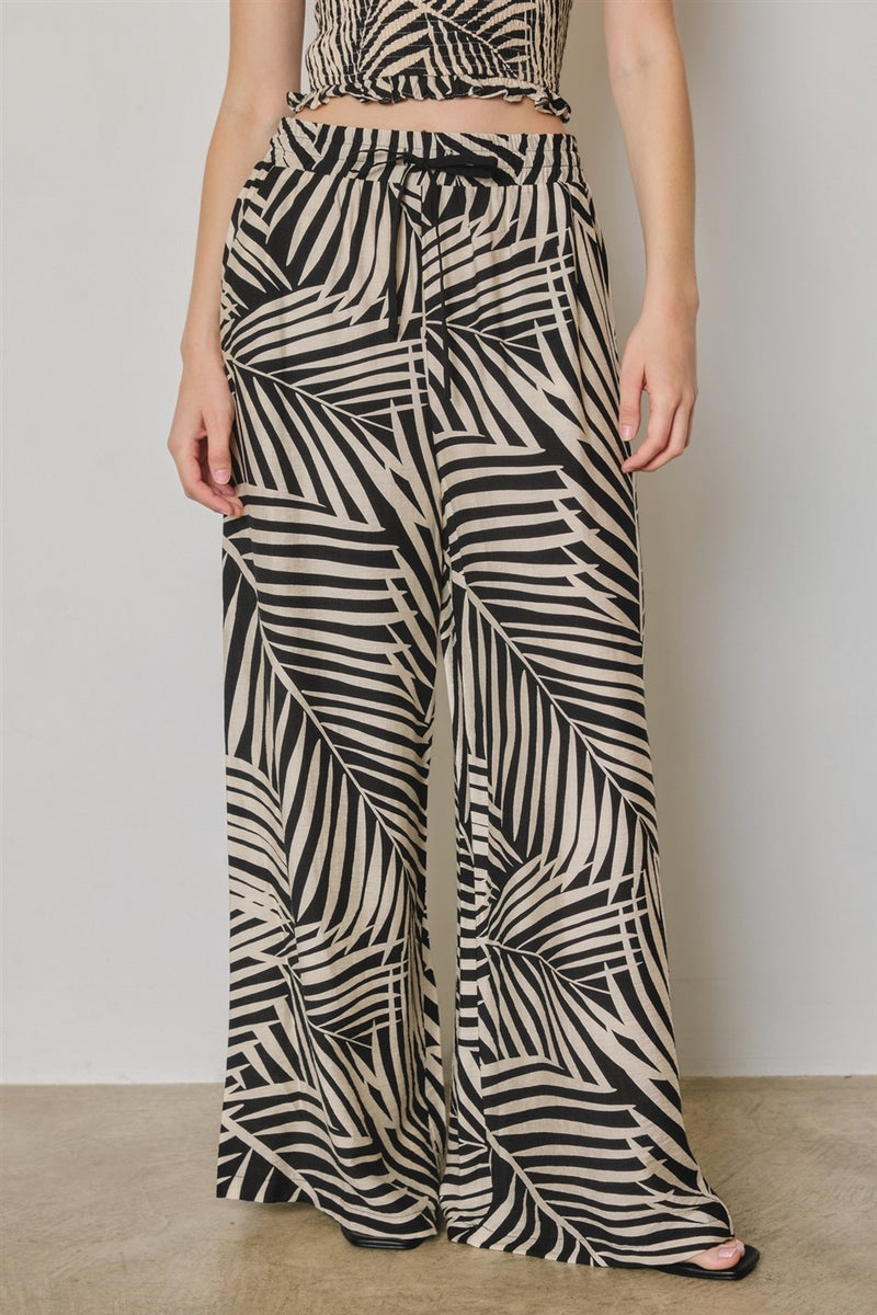 High Waist Tie Wide Leg Leaf Print Pants Black