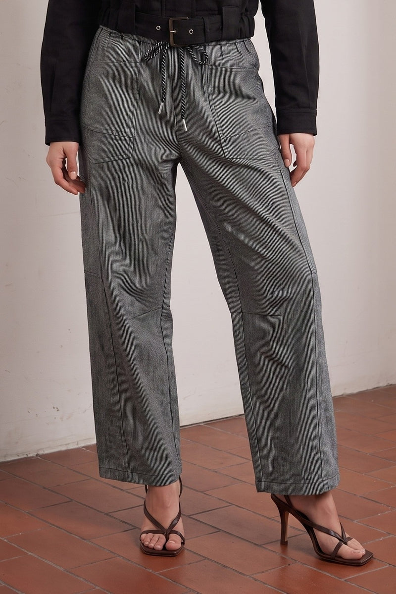 Drawstring Wide Leg Stripe Print Washed Denim Crop Pants Black