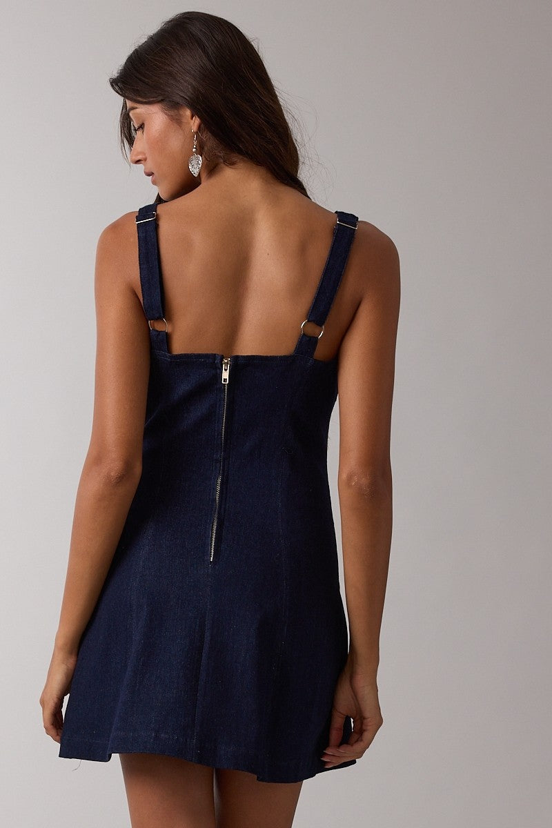 Sleeveless Front Tie Denim Mini Dress Dark Wash