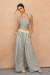 Knit Waist Wide Leg Stripe Print Pants Blue